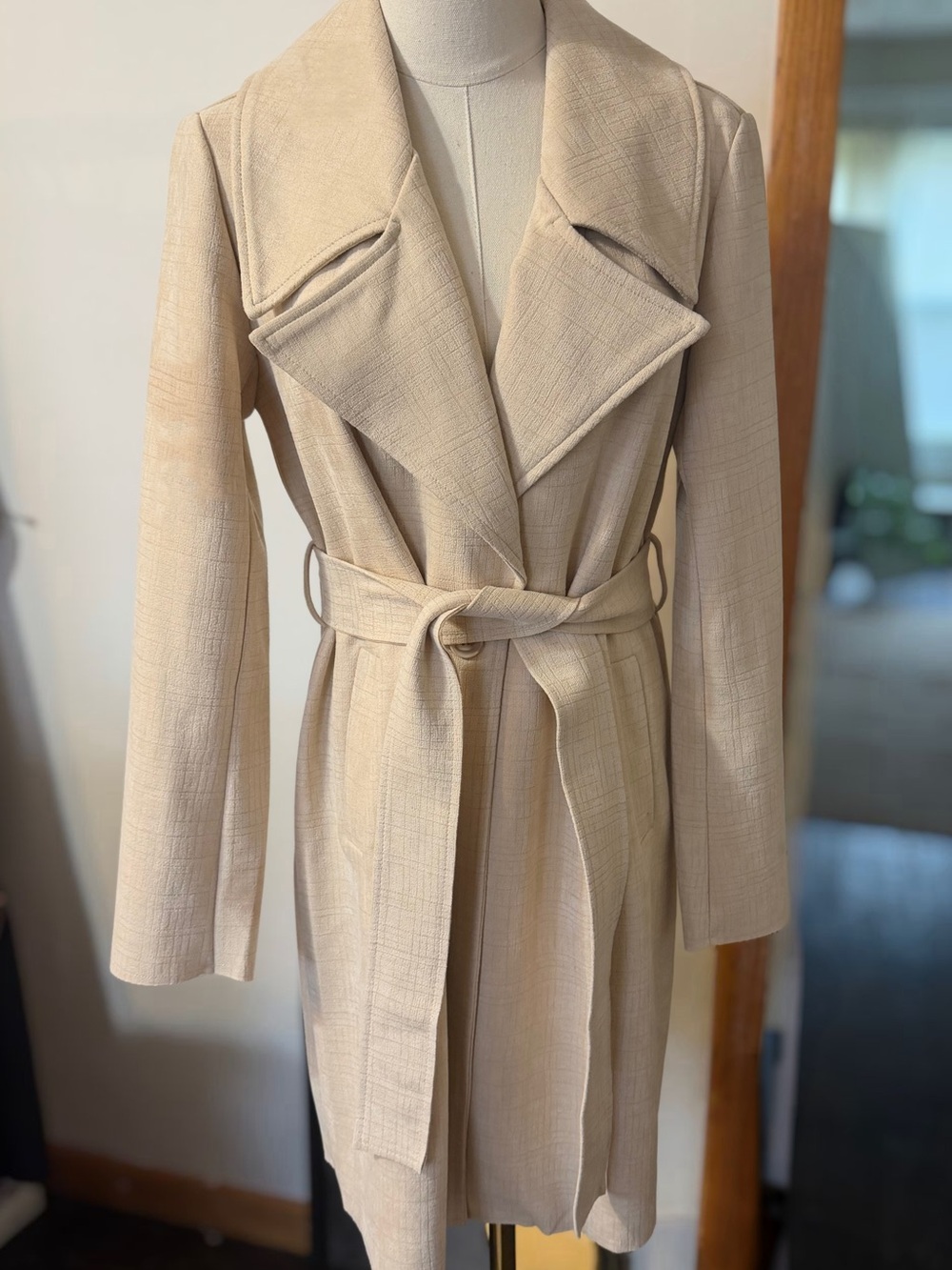 Solitaire Cream Faux Suede Trench Coat with Belt